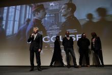 Roman Polanski accompagné de Jean Dujardin, Louis Garrel et Emmanuelle Seigner, le 4 novembre 2019 lors de la présentation de son film "J'accuse" à l'Ecole militaire à Paris