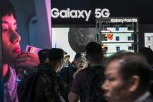 Stand de Samsung vantant la 5G au salon de Las Vegas le 8 janvier 2020