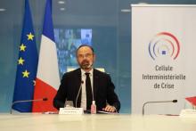 Le Premier ministre Edouard Philippe lors d'une visioconférence avec les préfets, le 29 avril 2020 à Paris