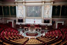 La tapisserie "L'école d'Athènes" dans l'hémicycle de l'Assemblée nationale en mai 2020
