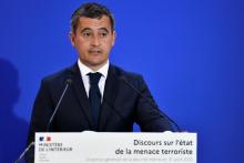 Le ministre de l'Intérieur Gérald Darmanin prononce un discours sur l'état de la menace terroriste, le 31 août 2020 à Levallois-Perret, près de Paris