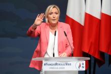 Marine Le Pen pendant une conférence de presser au siège du Rassemblement national à Nanterre, le 28 juillet 2020
