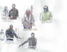 Cinq des 14 accusés, (en haut à gauche) Abdelaziz Abbad, Michel Catino, Said Makhlouf, Metin Karasular et Mohamed Fares au tribunal de Paris le 3 septembre 2020