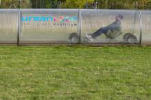 Prototype d'"Urbanloop" de l'école Lorraine INP testé le 21 octobre 2020 à Vandoeuvre-les-Nancy. Le véhicule futur sera largement vitré et ressemblera à une capsule de télésiège se déplaçant sur rail 