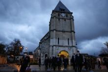 Le Premier ministre, Jean Castex quitte le 31 octobre 2020 l'église de Saint Etienne du Rouvray en Normandie où il est venu apporter son soutien à la communauté catholique deux jours après l'assassina