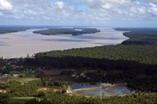 Vue aérienne du fleuve Maroni, à proximité de Saint-Laurent-du-Maroni, en Guyane français
