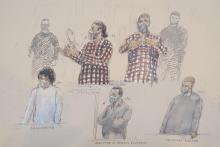 Croquis d'audience du 16 novembre 2020 montrant les accusés au procès du Thalys à Paris (de g. à d.): Ayoub El Khazzani, Bilal Chatra, Redouane El Amrani Ezzerrifi et Mohamed Bakkali