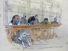Croquis d'audience du 16 novembre 2020 montrant les accusés au procès du Thalys à Paris (de g. à d.): Ayoub El Khazzani, Bilal Chatra, Redouane El Amrani Ezzerrifi et Mohamed Bakkali