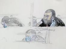 Croquis d'audience d'Ali Riza Polat au Tribunal de Paris lors du procès des attentats de janvier 2015, le 2 décembre 2020