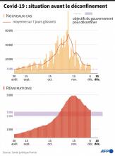 Graphique montrant l'évolution des nouveaux cas et des réanimations en France, en les comparant avec les seuils fixés par le gouvernement pour le déconfinement le 15 décembre