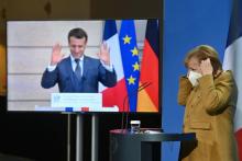 Emmanuel Macron et Angela Merkel pendant le sommet virtuel One Planet Summit, le 11 janvier 2021