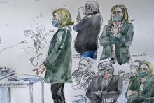 Croquis d'audience du 10 février 2021 représentant la présidente du RN Marine Le Pen devant le tribunal correctionnel de Nanterre, qui la juge pour avoir diffusé des photos d'exactions de l'Etat islam