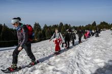 Randonnée menée par Claire Gjurasevic le long des pistes de la montagne du Semnoz dans le massif des Bauges près d'Annecyen Haute-Savoie, le 26 février 2021
