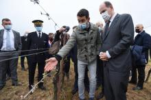 Le Premier ministre Jean Castex (d) se fait montrer les dégâts dus au gel par un vigneron près à Montagnac, près de Béziers, le 17 avril 2021