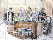 Croquis d'audience de Nourredine Allam (g), l'un des quatre accusés, et de son avocate Clarisse Serre (d) au premier jour du procès de l'assassinat du policier Xavier Jugelé en 2017, le 7 juin 2021 à 
