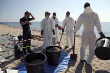 Des micro-boulettes très éparses et de plus en plus fines sont ramassées sur la plage de Scaffa Rossa, à Solaro, le 14 juin 2021