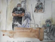 Croquis d'audience du 21 juin 2021 lors du procès à Paris d'Abdalla El Hamahmi, auteur de l'attaque à la machette des militaires dans le Carrousel du Louvre en 2017 à Paris
