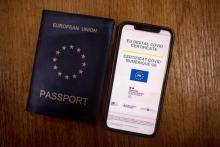 Un passeport européen et un écran de téléphone qui affiche le pass sanitaire nécessaire pour voyager dans les pays européens, le 29 juin 2021