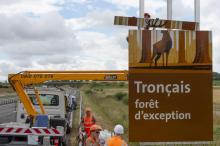 Des employés d'autoroute installent un panneau marron touristique sur l'A71 près de Saint-Amand-Montrond, le 23 juin 2021