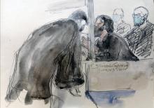 Croquis d'audience réalisé le 14 septembre montrant Salah Abdeslam avec un avocat, au procès des attentats du 13 novembre 2015 à Paris