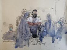 Croquis d'audience réalisé le 9 septembre 2021 montrant Salah Abdeslam, l'un des principaux accusés au procès des attentats du 13 novembre 2015 à Paris