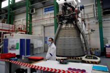Le moteur Vulcain 2.1 de la fusée Ariane 6 dans une usine d'Arianegroup à Vernon, dans l'Eure, en France, le 12 janvier 2021
