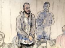 Croquis d'audience du 2 novembre 2021 montrant Salah Abdeslam au procès des attentats du 13-Novembre devant la cour d'assises spéciale à Paris