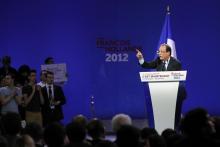 François Hollande, alors candidat du parti socialiste à la présidentielle, lors de meeting du Bourget, le 22 janvier 2012, durant lequel il avait désigné la finance comme son "adversaire"