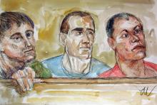 Croquis d'audience réalisé le 11 juillet 2003 à la cour d'assises spéciale de Paris (Gauche à Droite): Pierre Alessandri, Martin Ottaviani et Alain Ferrandi