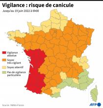 Carte montrant les départements concernés par une alerte vigilance pour risque de canicule jusqu'au 19 juin 6H00, selon Météo-France