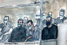 Croquis d'audience de de plusieurs des 14 hommes présents à leur procès pour les attentats du 13 novembre 2015 à Paris