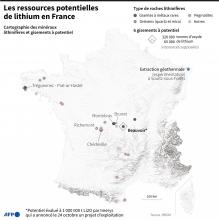 Carte montrant la répartition des ressources de lithium en France et les gisements à faible ou fort