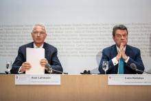 Le président de Credit Suisse Axel Lehmann (G) et celui d'UBS lors d'une conférence de presse à